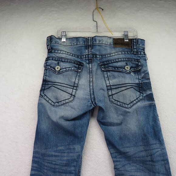 Express Rocco Jeans Mens Size 30 x 32 Distressed Bootcut Blue Denim Button Flap - Picture 4 of 11